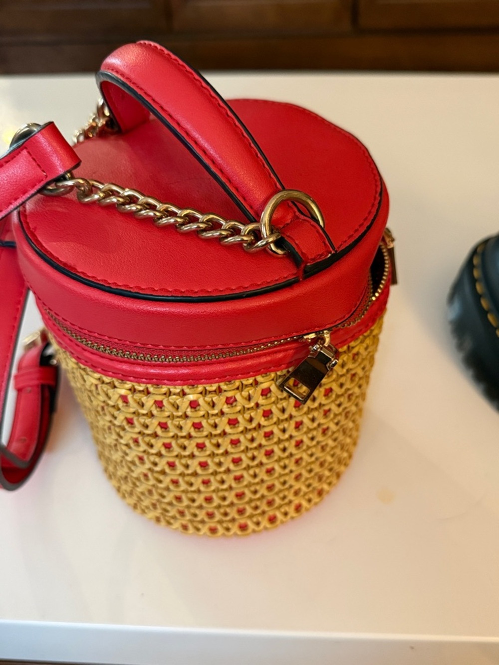 Women’s Red and Gold Straw Cylinder Crossbody Bag